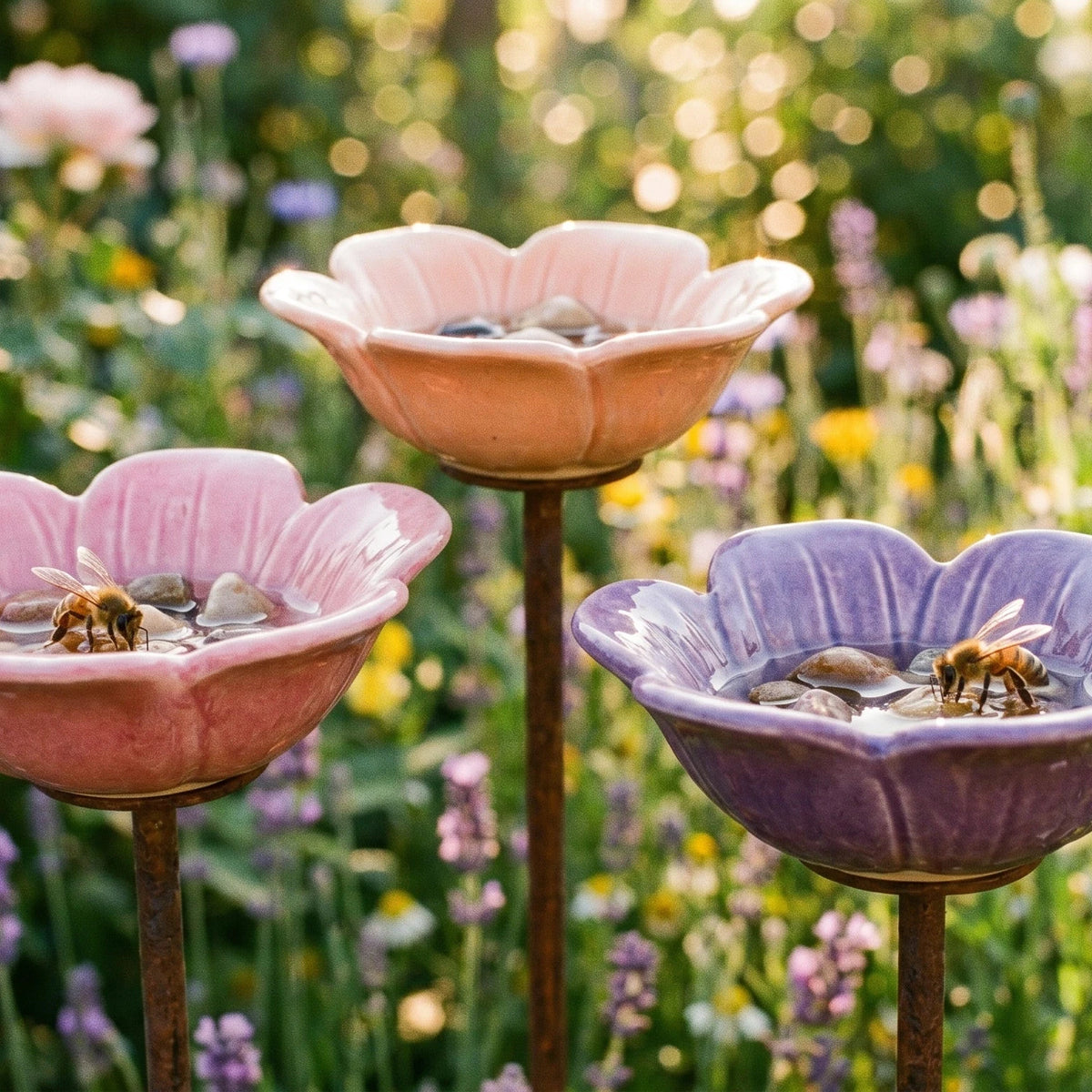 Keramisk Blomma Bi Vattenskål, Set om 4