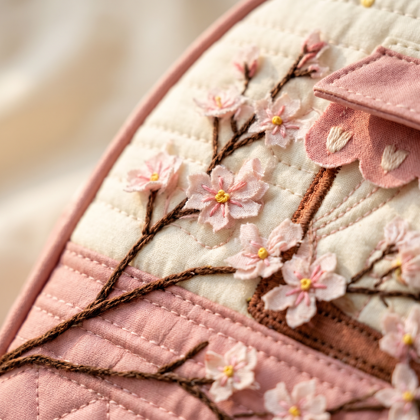 Hippie Bus Weekender — Cherry Blossom Glamping — macro detail of cherry blossom embroidery