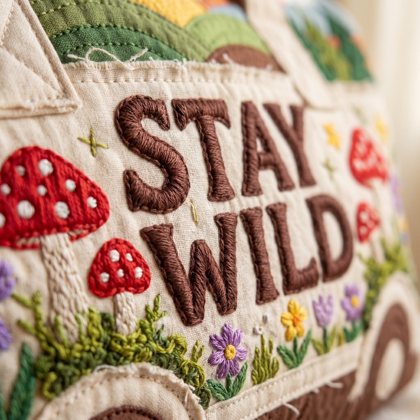 Hippie Bus Weekender — Stay Wild Forest — macro detail of STAY WILD embroidery and mushrooms
