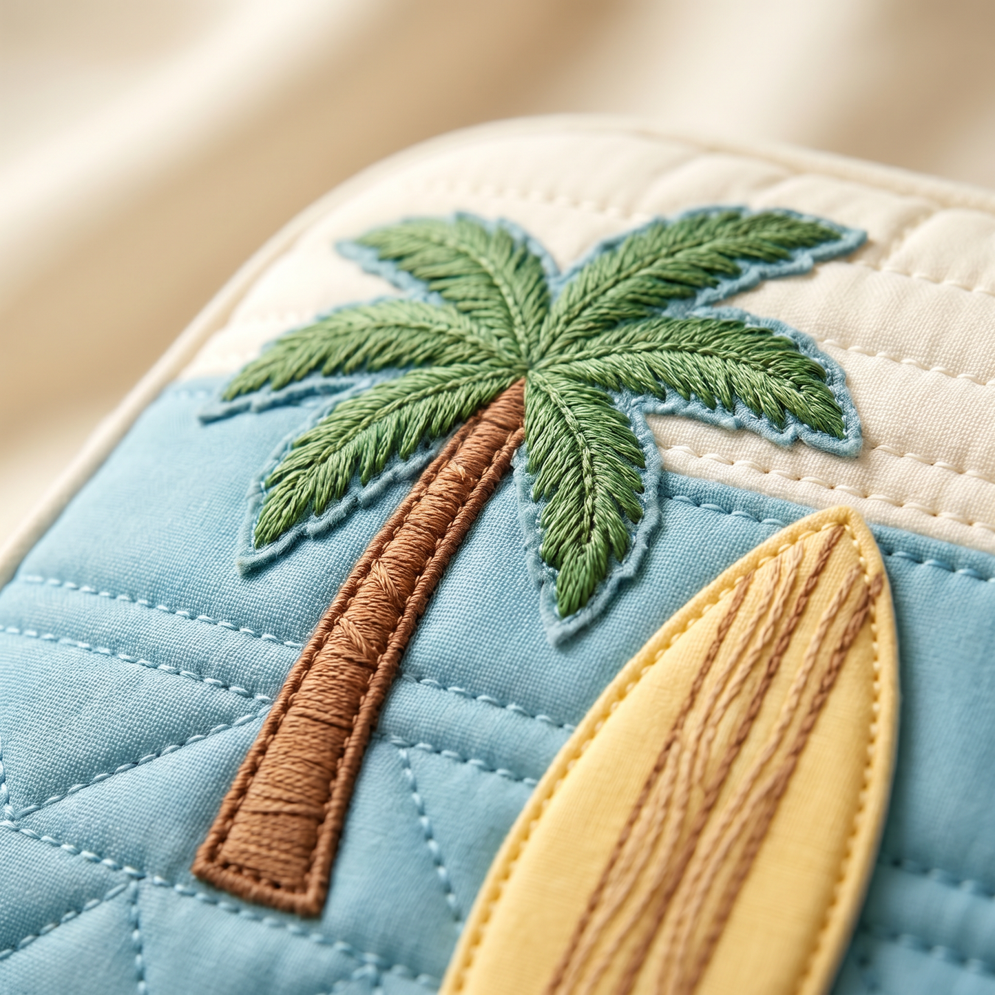 Hippie Bus Weekender — Coastal Surfer Camper — macro detail of palm tree and surfboard appliqué