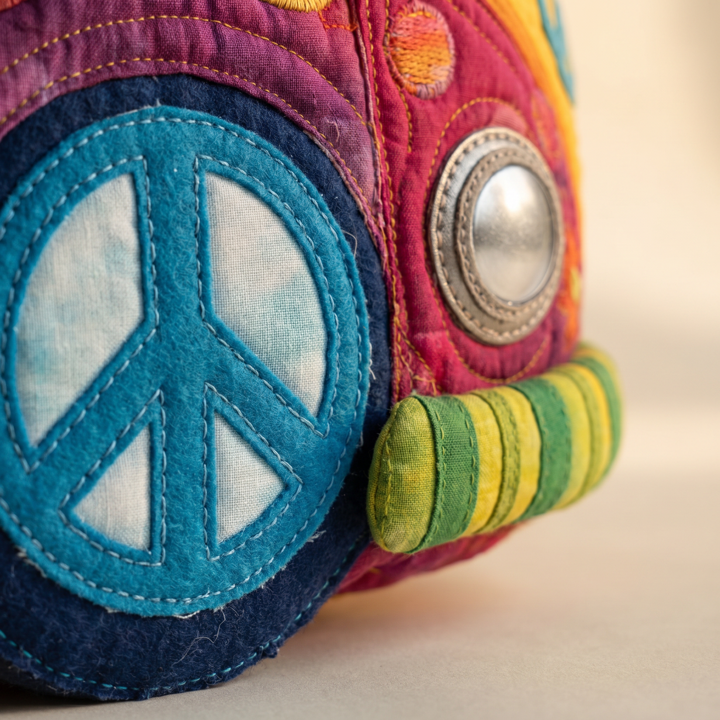 Hippie Bus Weekender — macro detail of the peace-sign wheel and headlight