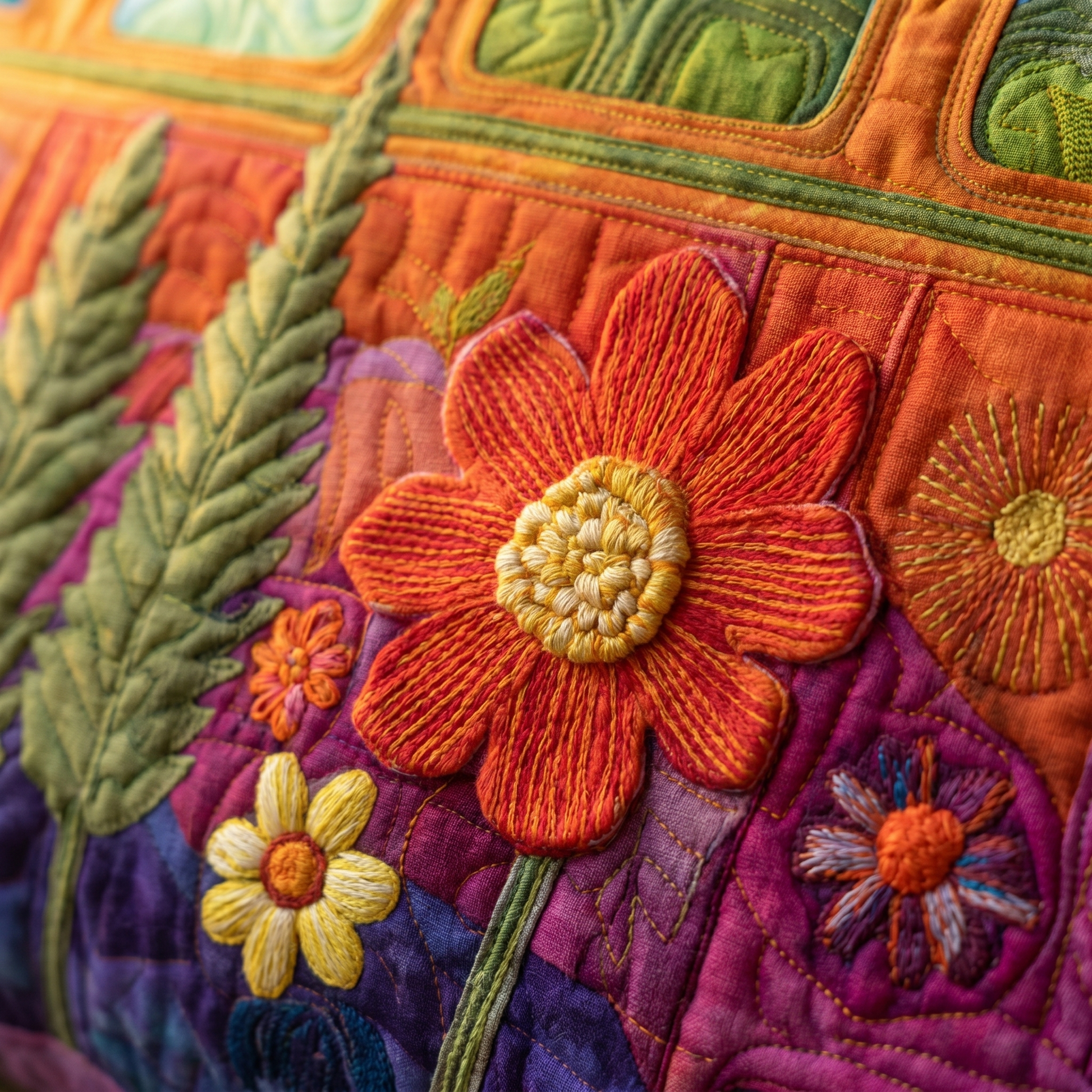 Hippie Bus Weekender — macro detail of the sunflower and floral appliqués