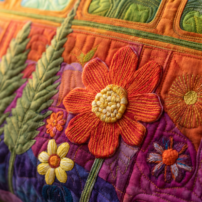 Hippie Bus Weekender — macro detail of the sunflower and floral appliqués