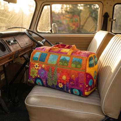 Hippie Bus Weekender on the front passenger seat of a vintage VW Microbus