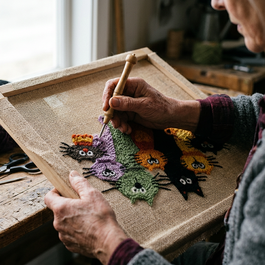 Nærbilde av hendene som tufter garn